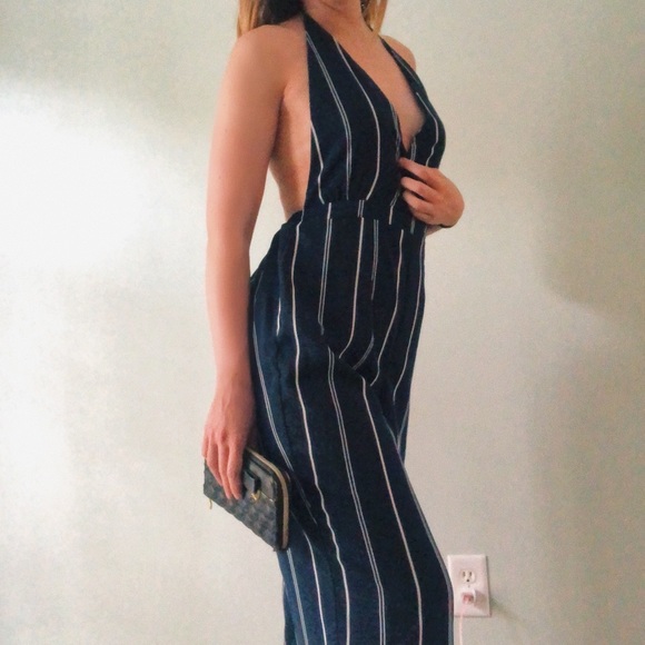 navy blue pinstripe jumpsuit